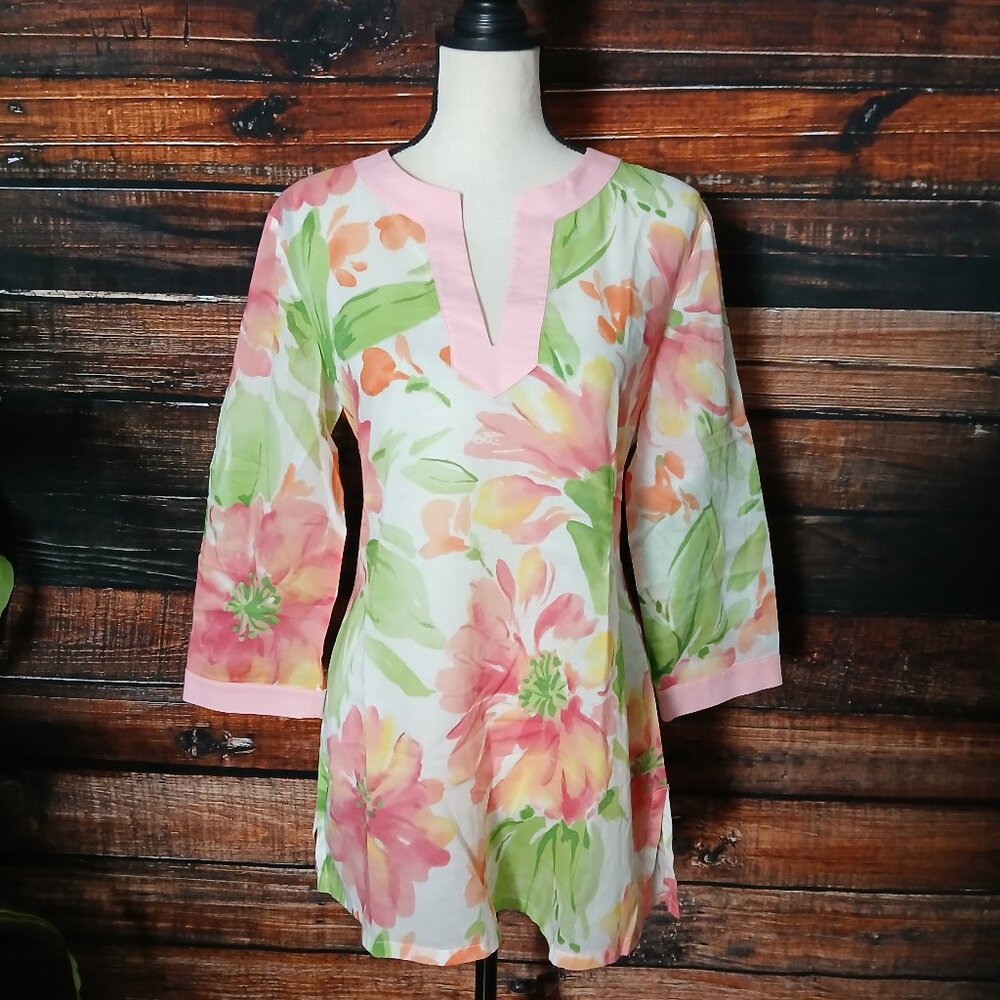 Jones New York Tunic Top M Lightweight Cotton Watercolor Floral 3/4 Sleeve